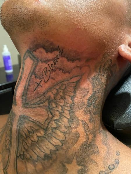 Black & Grey + Lettering blessed tattoo on Neck (Side) by Jake_Cirilo on TattMe
