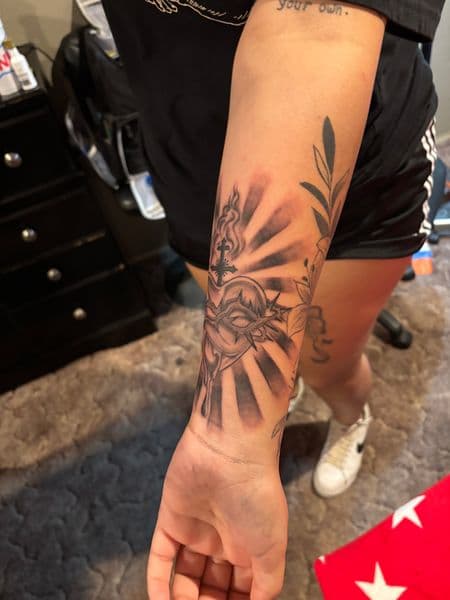 Black & Grey + Illustrative sacred heart tattoo on Forearm by Jake_Cirilo on TattMe