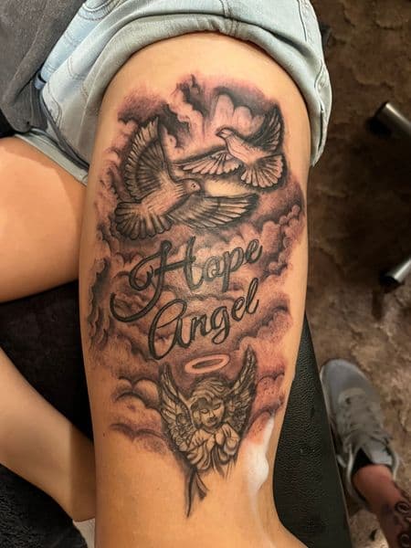 Black & Grey + Illustrative doves tattoo on Thigh by Jake_Cirilo on TattMe