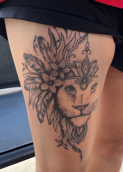 Fine Line + Black & Grey lion tattoo on Thigh by Jake_Cirilo on TattMe