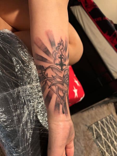 Black & Grey + Religious sacred heart tattoo on Forearm by Jake_Cirilo on TattMe