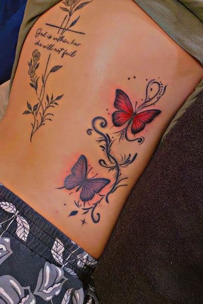 Fine Line + Color butterflies tattoo on Ribs by Jake_Cirilo on TattMe