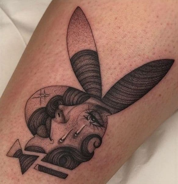 Black & Grey + Illustrative bunny tattoo on Upper Arm by Mindful_Essence_Tattoo on TattMe