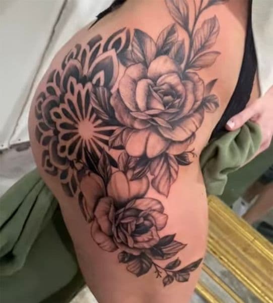 Black & Grey + Floral roses tattoo on Hip by Mindful_Essence_Tattoo on TattMe