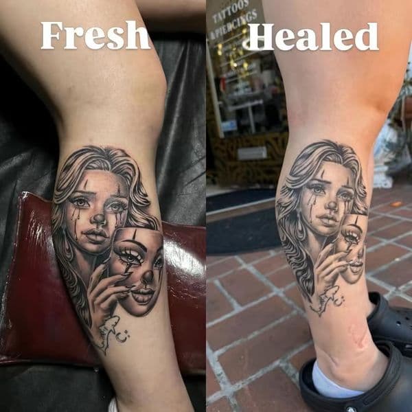 Black & Grey + Illustrative woman tattoo on Calf by Mindful_Essence_Tattoo on TattMe