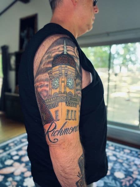 Color + Illustrative clock tower tattoo on Half Sleeve by Mindful_Essence_Tattoo on TattMe