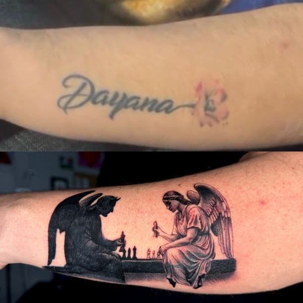 Black & Grey + Illustrative angel tattoo on Forearm by SlickRick_inks on TattMe