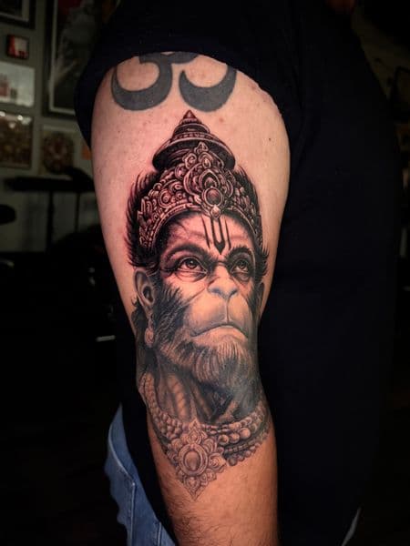 Black & Grey + Realism hanuman tattoo on Upper Arm by SlickRick_inks on TattMe