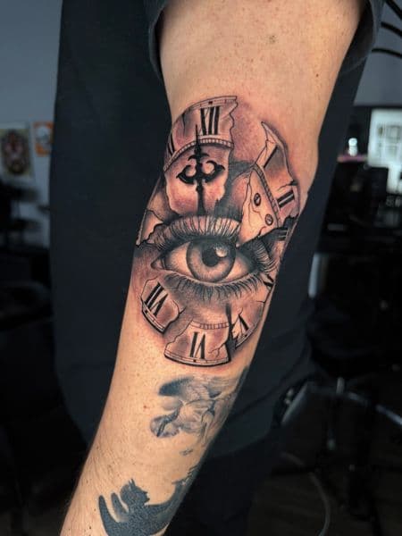 Black & Grey + Realism eye tattoo on Upper Arm by SlickRick_inks on TattMe