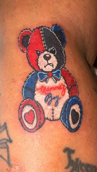 New School + Color teddy bear tattoo on Shoulder by PoeMyInk on TattMe