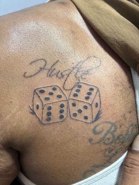 Fine Line + Lettering dice tattoo on Chest by PoeMyInk on TattMe