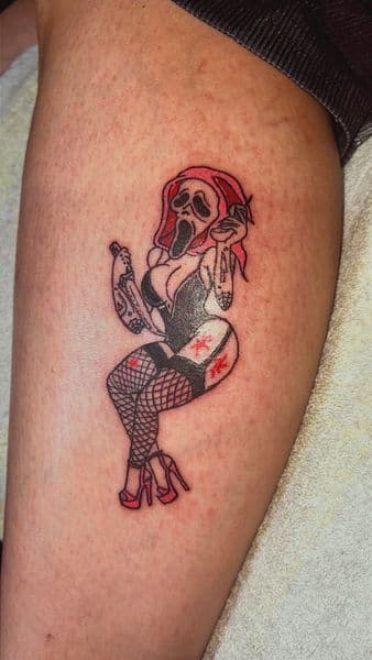 New School + Pop Culture ghostface tattoo on Thigh by PoeMyInk on TattMe