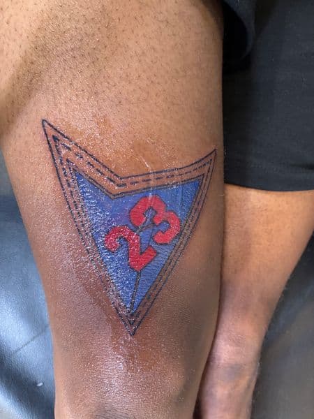 Color + Geometric symbol tattoo on Thigh by PoeMyInk on TattMe