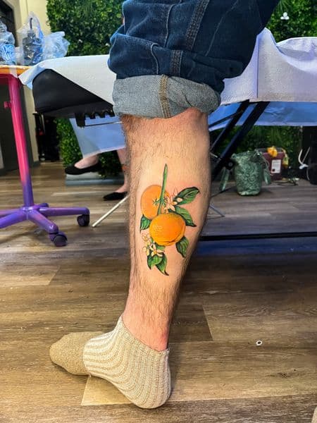 Color + Illustrative oranges tattoo on Calf by colormenajj on TattMe