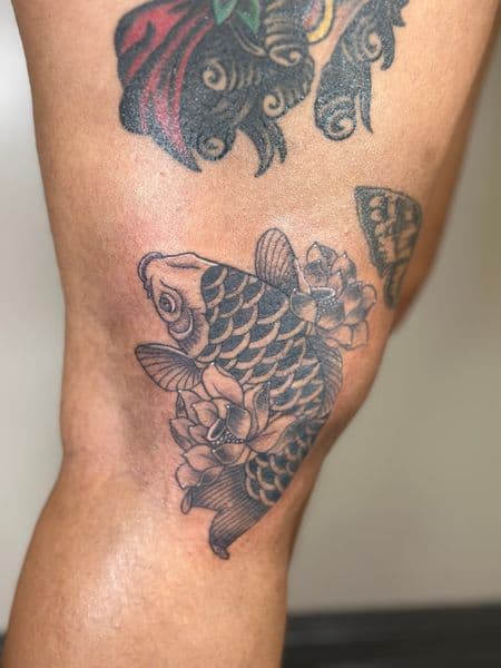 Japanese + Black & Grey koi tattoo on Knee by colormenajj on TattMe