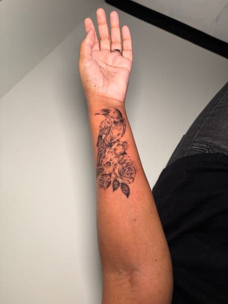 Black & Grey + Fine Line crow tattoo on Forearm by colormenajj on TattMe