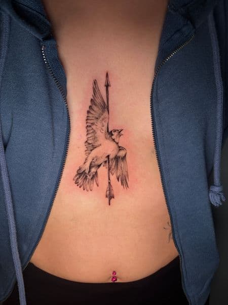 Black & Grey + Illustrative bird tattoo on Sternum by colormenajj on TattMe