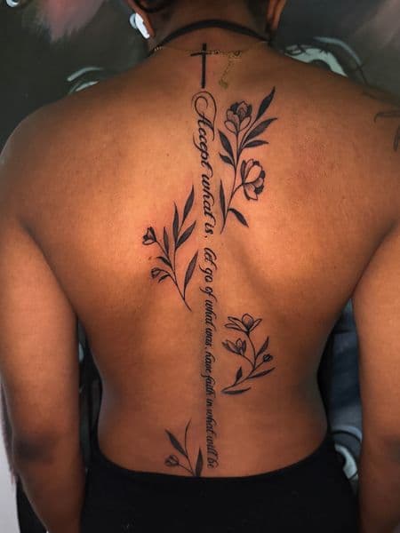 Fine Line + Black-work cross tattoo on Spine by nanisiink on TattMe
