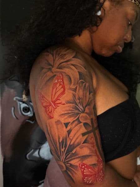 Black & Grey + Color flowers tattoo on Upper Arm by nanisiink on TattMe