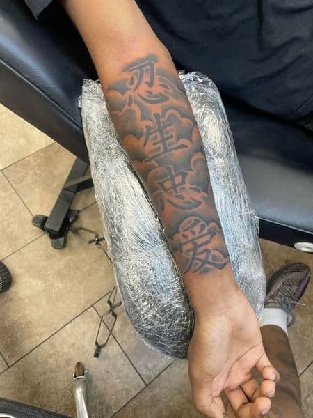 Black & Grey + Lettering kanji tattoo on Forearm by Resevoir_tattoo_artist on TattMe