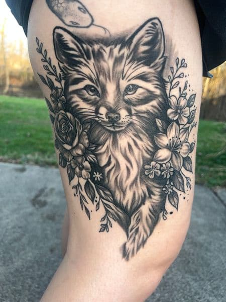 Black & Grey + Illustrative fox tattoo on Thigh by AnimatedLifestyle on TattMe