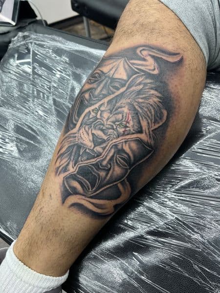 Black & Grey + Realism lion tattoo on Calf by AnimatedLifestyle on TattMe