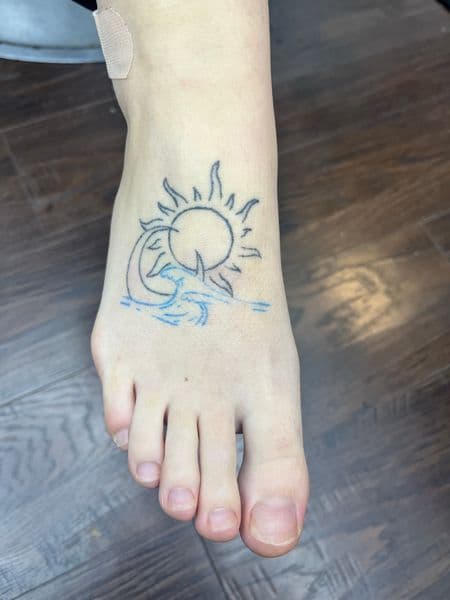 Fine Line + Minimalist sun tattoo on Foot by AnimatedLifestyle on TattMe