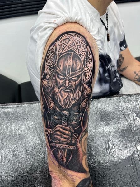 Black & Grey + Realism viking tattoo on Half Sleeve by AnimatedLifestyle on TattMe