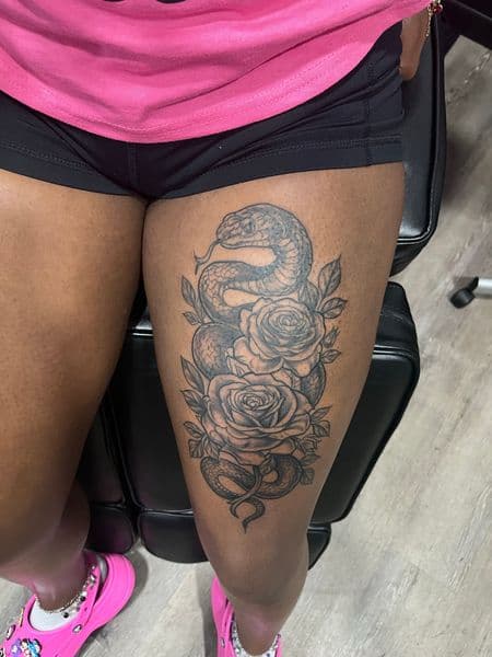 Black & Grey + Illustrative snake tattoo on Thigh by AnimatedLifestyle on TattMe