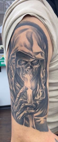 Black & Grey + Realism grim reaper tattoo on Upper Arm by AnimatedLifestyle on TattMe