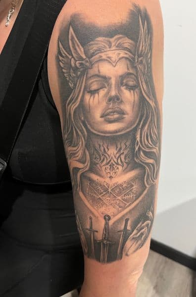 Black & Grey + Realism woman tattoo on Upper Arm by AnimatedLifestyle on TattMe