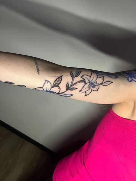 Fine Line + Floral lilies tattoo on Forearm by AnimatedLifestyle on TattMe