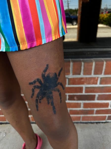 Dot-work + Black-work spider tattoo on Thigh by jaae_inks on TattMe