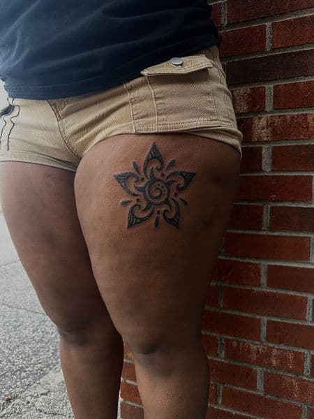 Black-work + Tribal star tattoo on Thigh by jaae_inks on TattMe