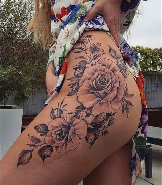 Black & Grey + Floral roses tattoo on Hip by KUSTOM_INK_TATTOOS on TattMe