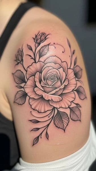 Fine Line + Black-work rose tattoo on Shoulder by KUSTOM_INK_TATTOOS on TattMe