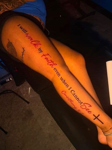 Lettering + Script lettering tattoo on Full Leg Sleeve by KUSTOM_INK_TATTOOS on TattMe