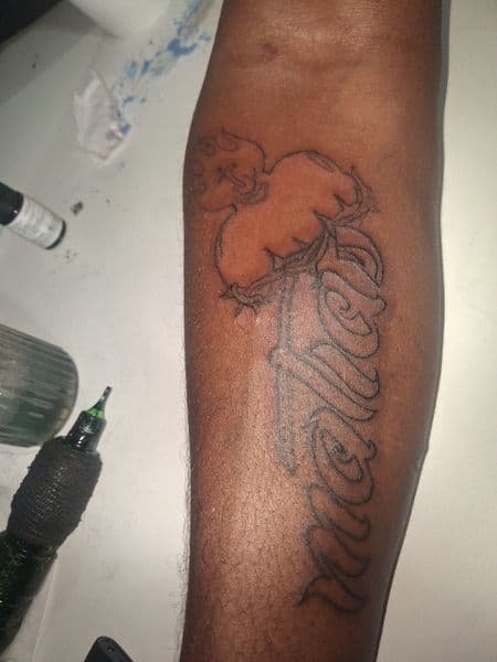 Fine Line + Script cloud tattoo on Forearm by KUSTOM_INK_TATTOOS on TattMe