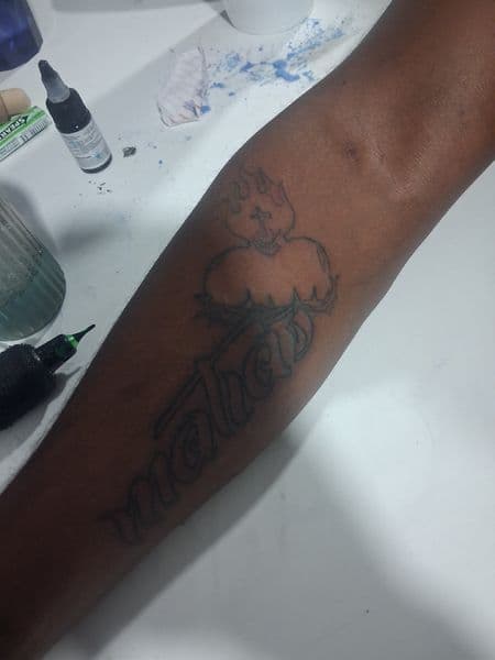 Black-work + Line-work sacred heart tattoo on Forearm by KUSTOM_INK_TATTOOS on TattMe
