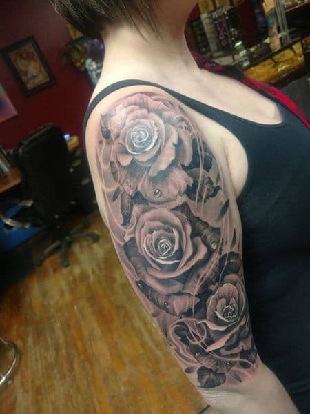Black & Grey + Realism roses tattoo on Half Sleeve by KUSTOM_INK_TATTOOS on TattMe