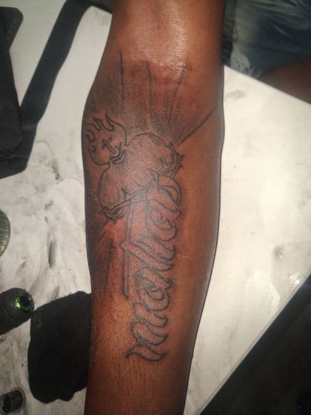 Black & Grey + Line-work sacred heart tattoo on Forearm by KUSTOM_INK_TATTOOS on TattMe
