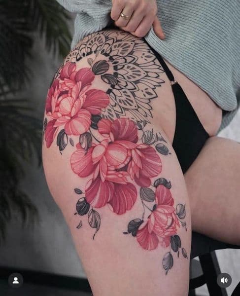 Floral + Color peonies tattoo on Hip by KUSTOM_INK_TATTOOS on TattMe