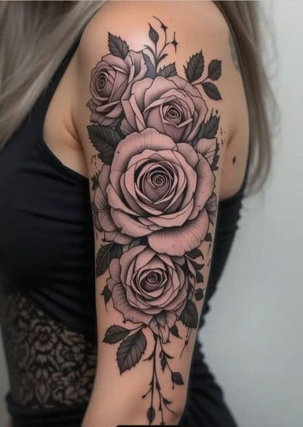 Floral + Black & Grey roses tattoo on Upper Arm by KUSTOM_INK_TATTOOS on TattMe