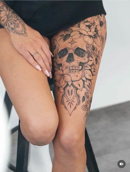 Black & Grey + Illustrative skull tattoo on Thigh by KUSTOM_INK_TATTOOS on TattMe