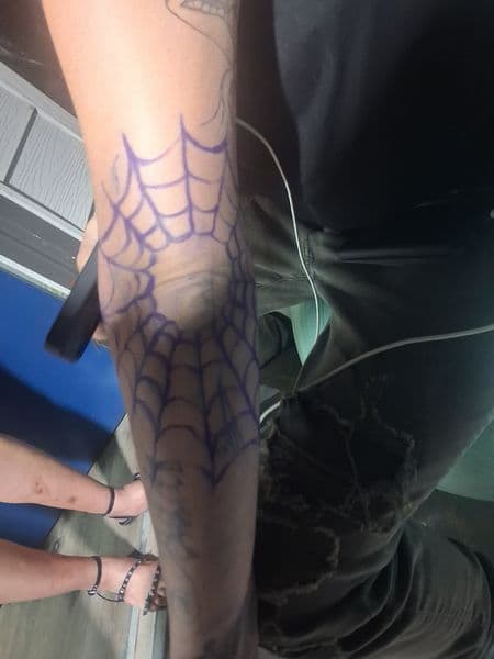 Line-work spider web tattoo on Elbow by KUSTOM_INK_TATTOOS on TattMe