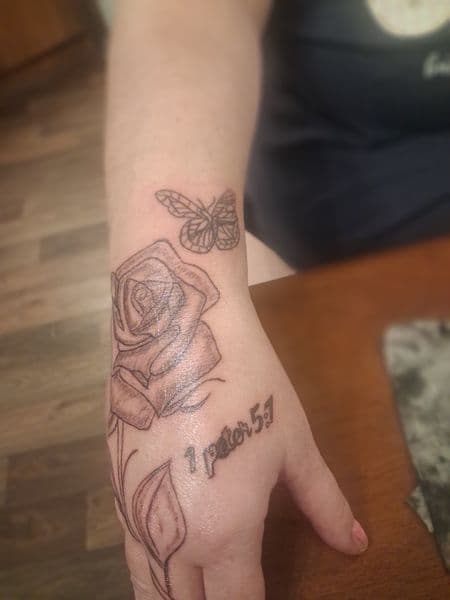 Fine Line + Black & Grey rose tattoo on Hand by KUSTOM_INK_TATTOOS on TattMe