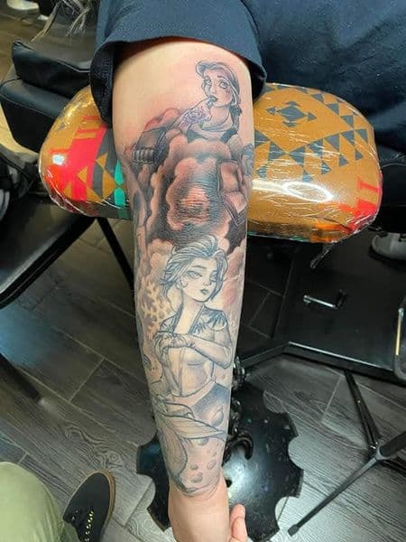 Illustrative + Black & Grey princess tattoo on Half Sleeve by KUSTOM_INK_TATTOOS on TattMe