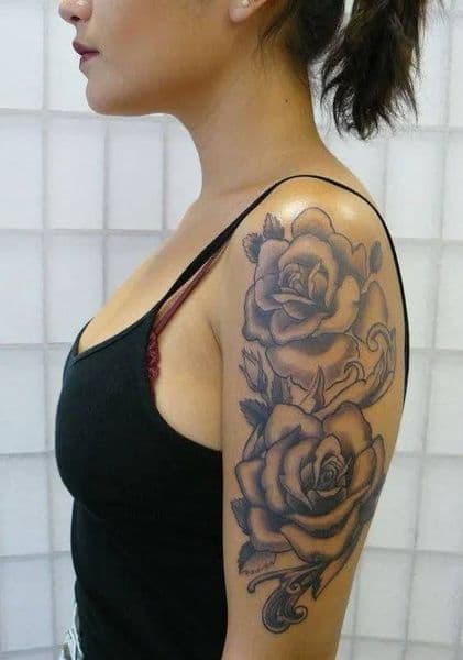 Black & Grey + Floral roses tattoo on Upper Arm by KUSTOM_INK_TATTOOS on TattMe