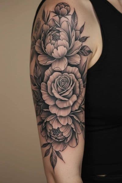 Floral + Black & Grey flowers tattoo on Upper Arm by KUSTOM_INK_TATTOOS on TattMe
