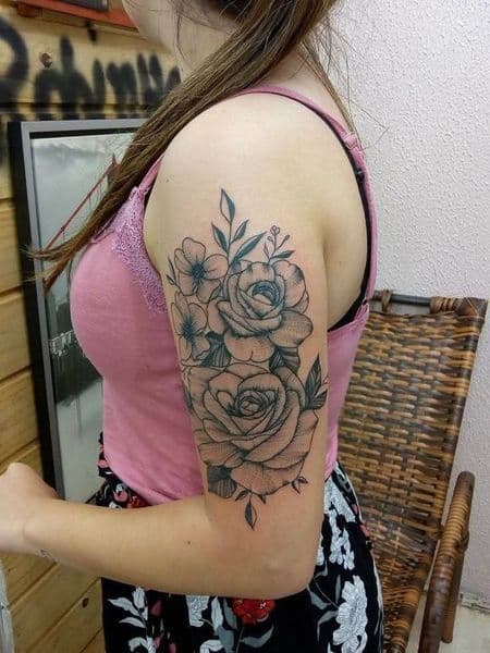 Floral + Black-work roses tattoo on Upper Arm by KUSTOM_INK_TATTOOS on TattMe